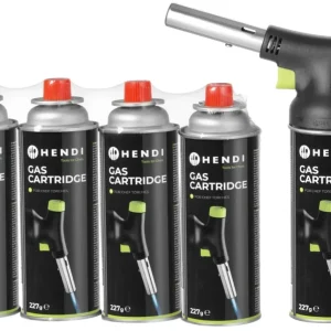 Hendi BBQ Aansteker / Creme Brulee Brander / Koksbrander - met gasbus + Extra Butaan Gas Navullingen - 4 Stuks